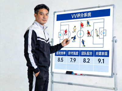 教练在战术板上使用VV评分系统分析球员表现
